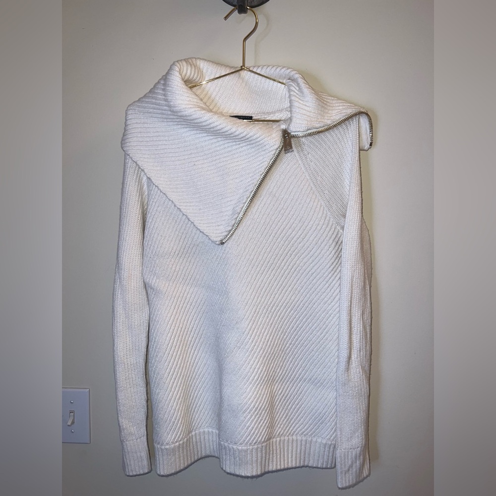 Talbots XS Ivory Asymmetrical Zip Cowl Neck‎ Ribbed Sweater NWOT